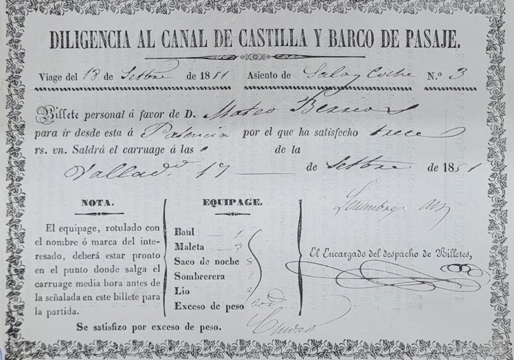 Imagen principal - Arriba, billete de un pasajero del Barco 'Cid' de septiembre de 1851; el Canal de Castilla en Rioseco y condiciones para los pasajeros.