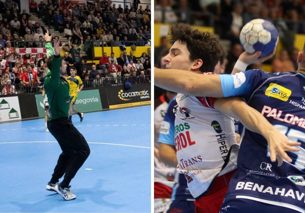 Luis de Vega, durante el partido disputado en Nava con el BM Aranda (izq.), y Palomeque defendiendo a un jugador del Viveros Herol Nava.