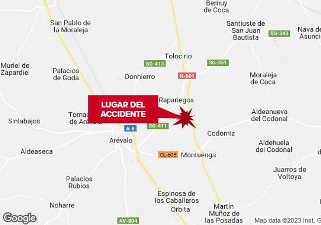 Mapa de localización del accidente mortal, en la N-601, cerca de Rapariegos.