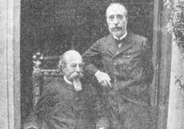 Miguel de los Santos Álvarez, de pie, junto al poeta José Zorrilla.