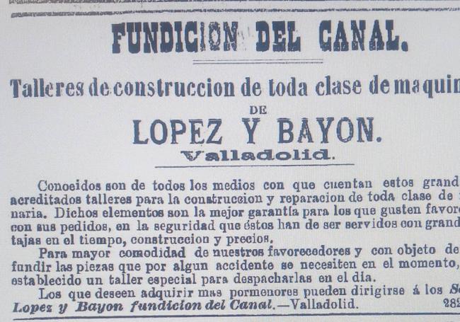 Anuncio de Fundición del Canal publicado en 1883.