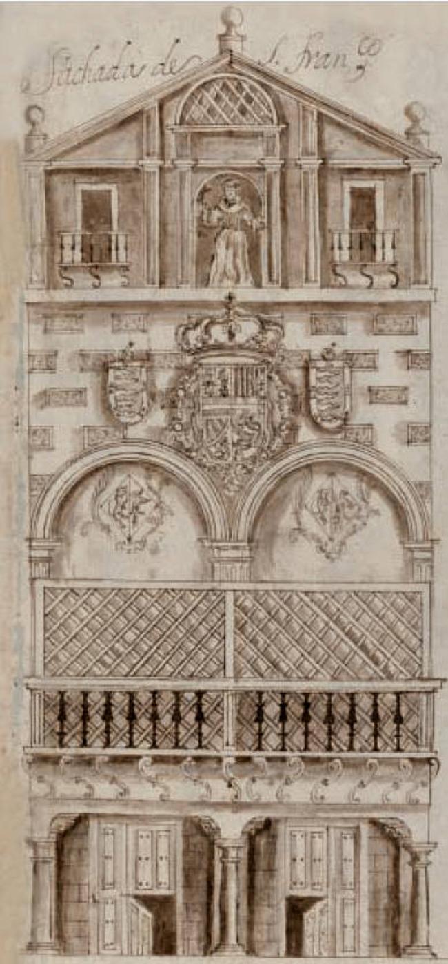 Dibujo de la entrada principal del convento, realizado por Ventura Pérez en el siglo XVIII, para ilustrar la Historia de Valladolid, de Juan Antolínez de Burgos.