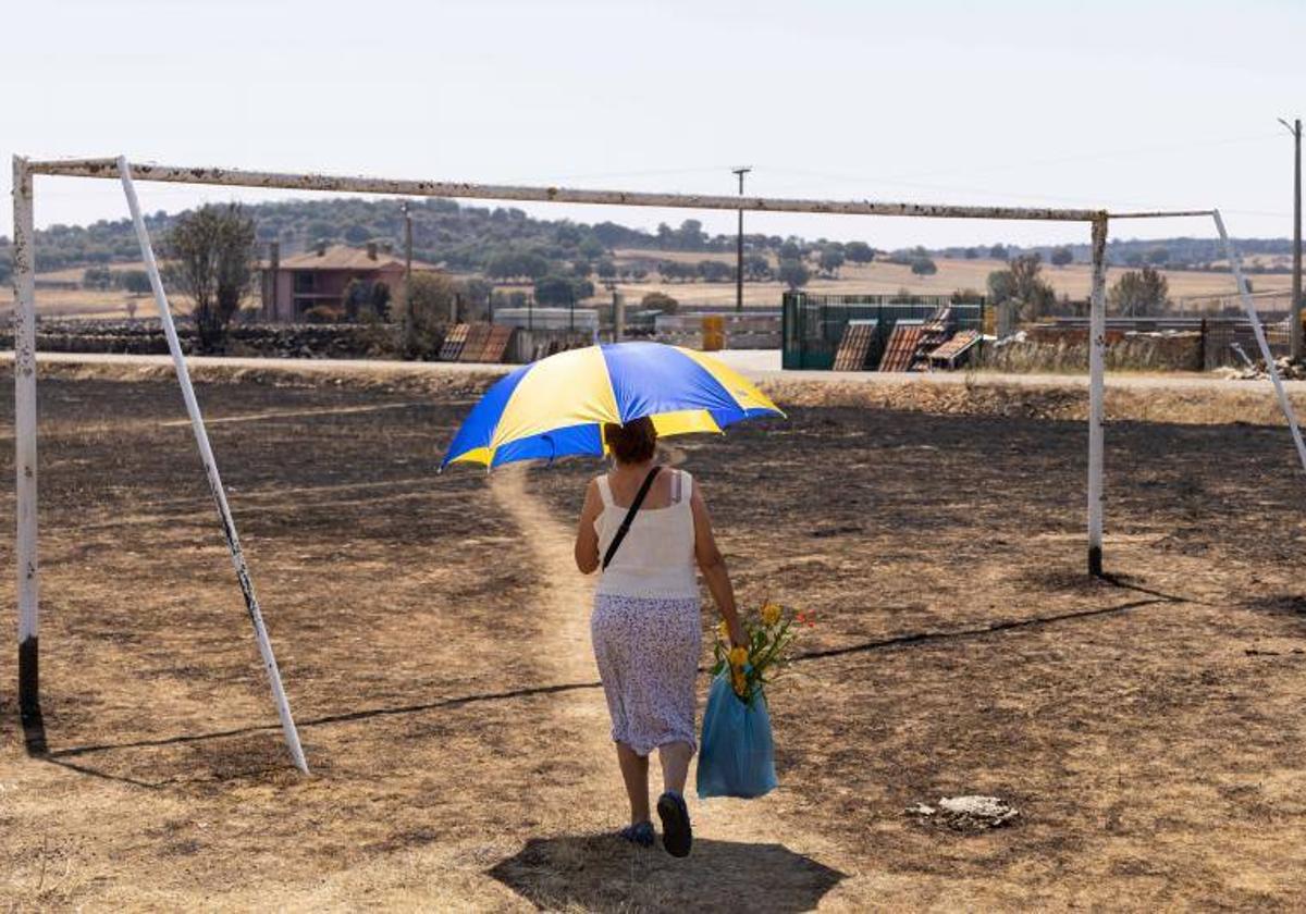 Una mujer camina por unas tierras calcinadas por un incendio en San Martín de Tábara, el verano pasado.