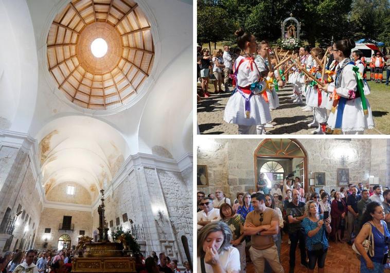 Cúpula que ha reemplazado a la que se vino abajo el año pasado tras los incendios de 2021. A la derecha, el grupo de danzas y paloteo de Ampudia y asistentes a la reinauguración del monasterio.