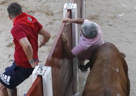 Un hombre sufre la embestida del toro cuando intentaba resguardarse.