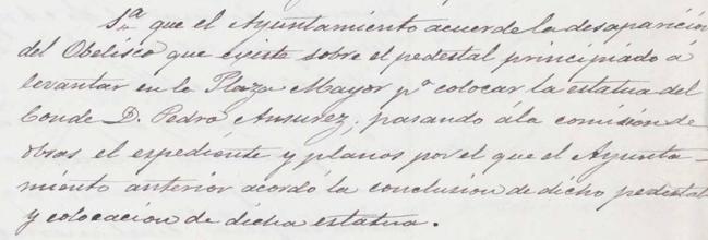 Manuscrito del concejal Sr. Rodríguez pidiendo que se quite el obelisco de la Plaza Mayor. Año 1877.