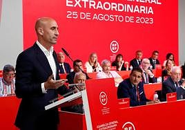 Luis Rubiales se dirige a los miembros de la asamblea extraordinaria.