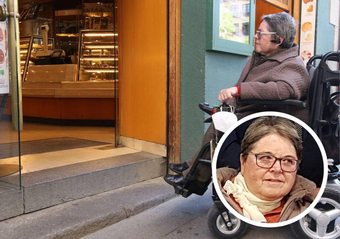 En el círculo, María José del Río, de Frater en Segovia, sobre la imagen de una mujer en silla de ruedas parada ante unos escalones en una tienda.