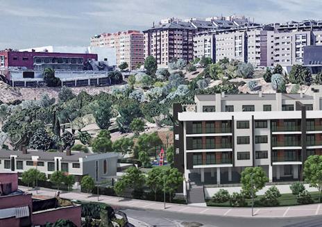 Imagen secundaria 1 - Arriba, trabajos de montaje de la grúa en el terreno de Siervas de jesús con Ciudad de la Habana. Debajo, infografía del futuro residencial Laderas de Parquesol.