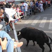 Un herido por asta de toro en la entrada a la plaza del tercer encierro de Cuéllar