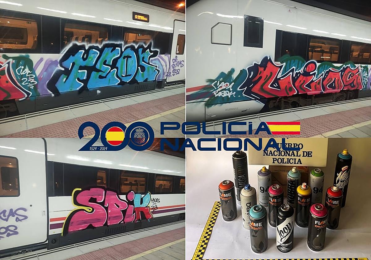 Pintadas realizadas en los vagones de la estación de Palencia y material interceptado.
