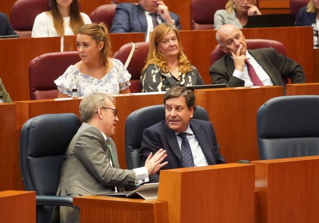 Mariano Veganzones (Vox) habla con Carlos Fernández Carriedo (PP) durante el Pleno.