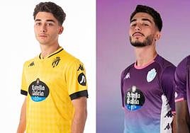 Raúl Moro con la equipación que vestirá el Real Valladolid en Oviedo (izquierda) y con la tercera equipación (derecha).