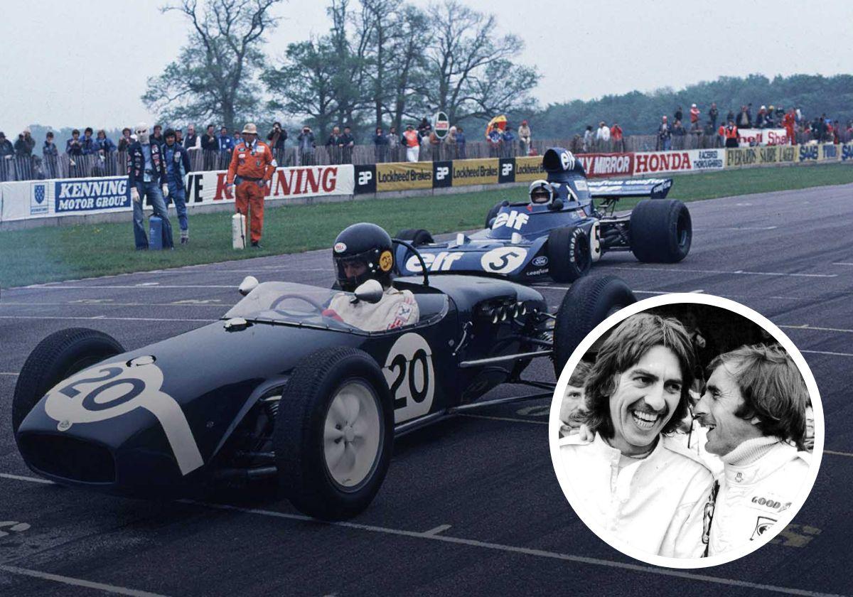 George Harrison, al volante del Lotus 18, de 1960. En detalle, con su gran amigo Jackie Stewart, doble campeón del mundo.