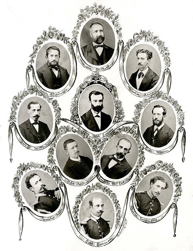 La dirección y redactores de La Crónica Mercantil, en 1866. En lo alto, en primer término, el retrato de González Dueñas.