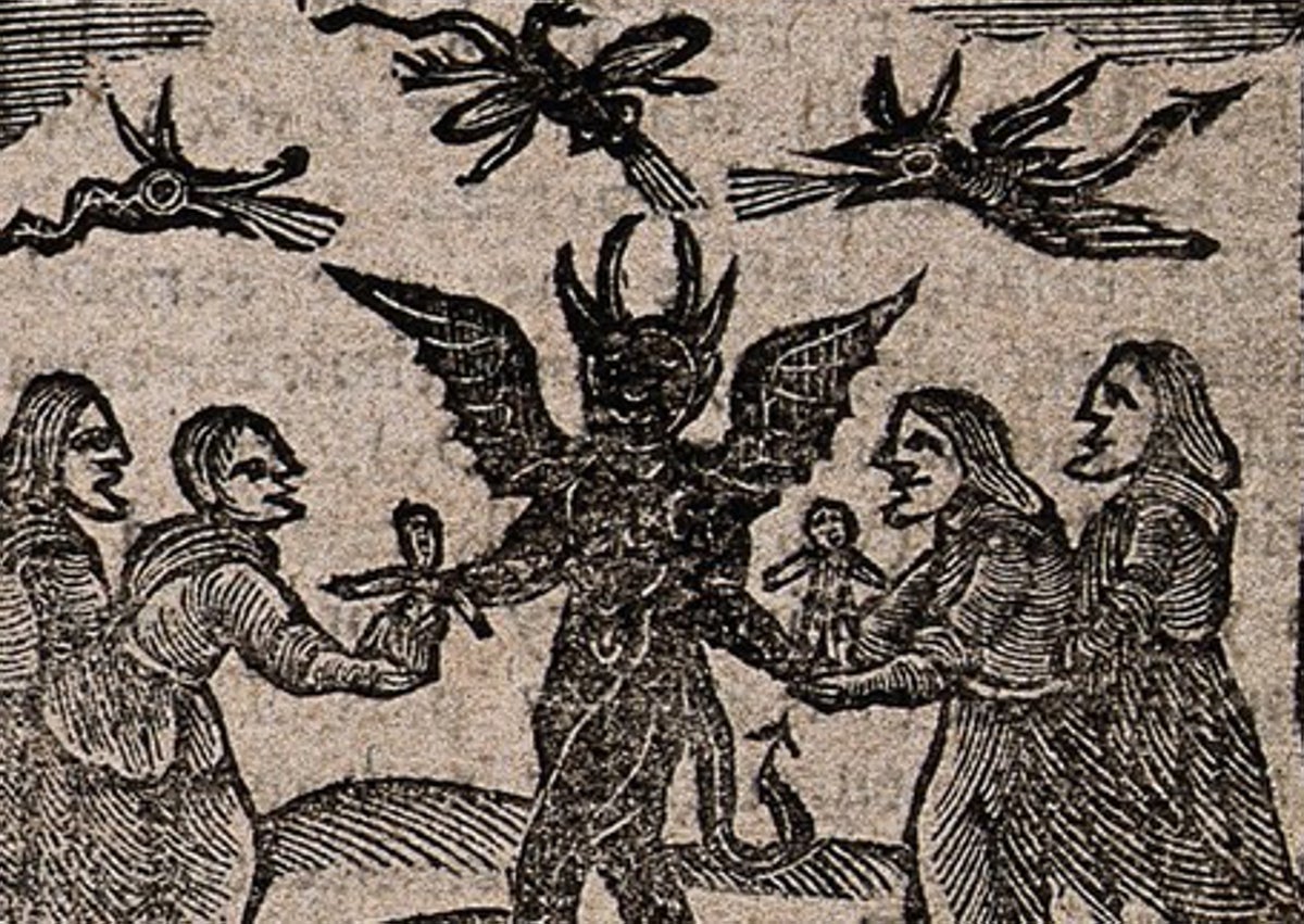 Imagen secundaria 1 - Arriba, Auto de fe en la Plaza de Zocodover, en Toledo; abajo, dibujo de brujas entregando bebés al demonio, y extracto del proceso contra Amador de Velasco.