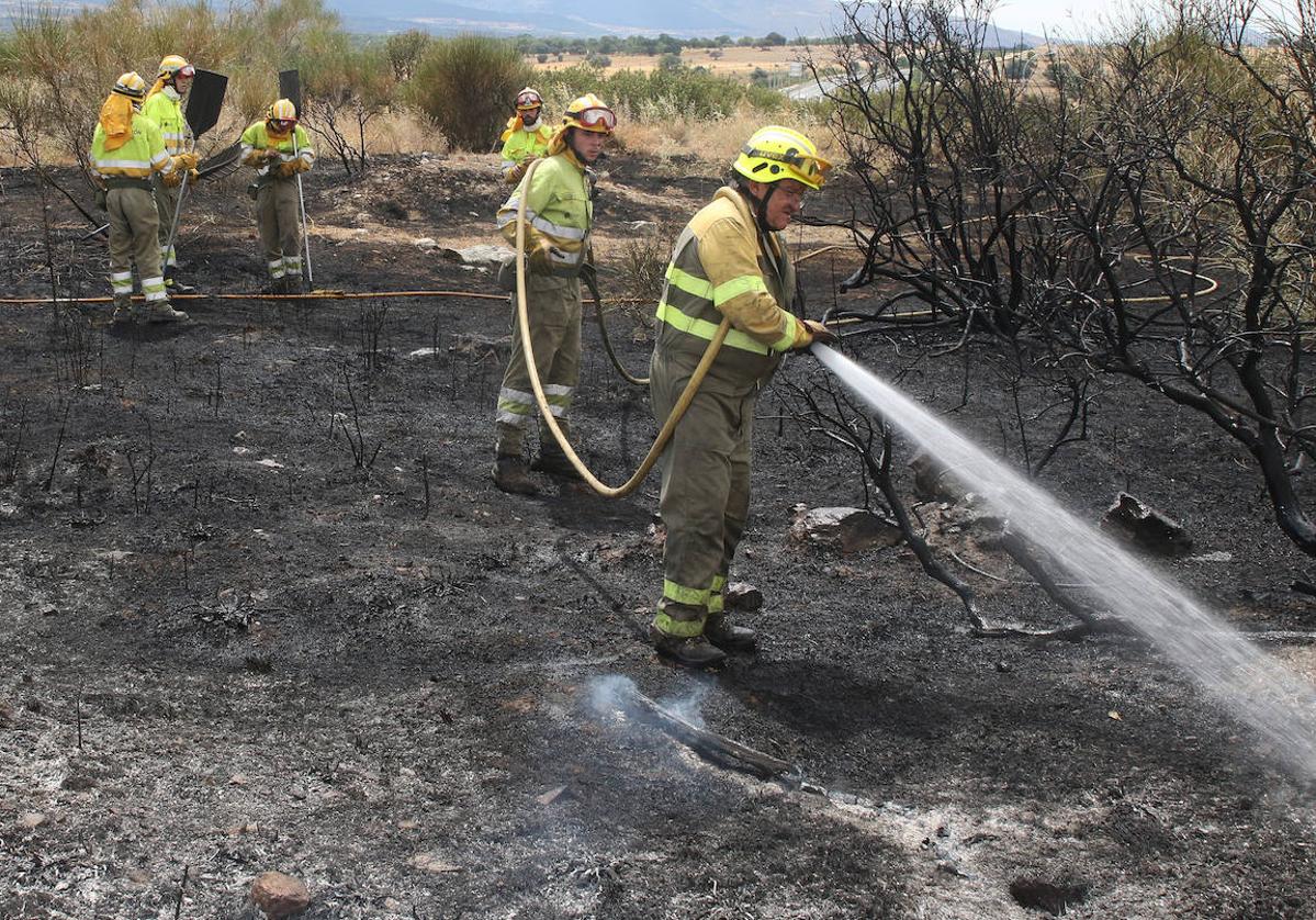 Una brigada de bomberos forestales apaga un incendio en Hontoria, el pasado julio.