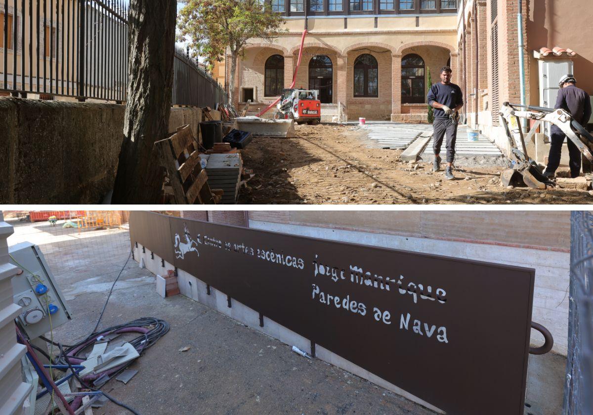 Los operarios ultiman las obras y cartel del centro de artes escénicas Jorge Manrique de Paredes de Nava.