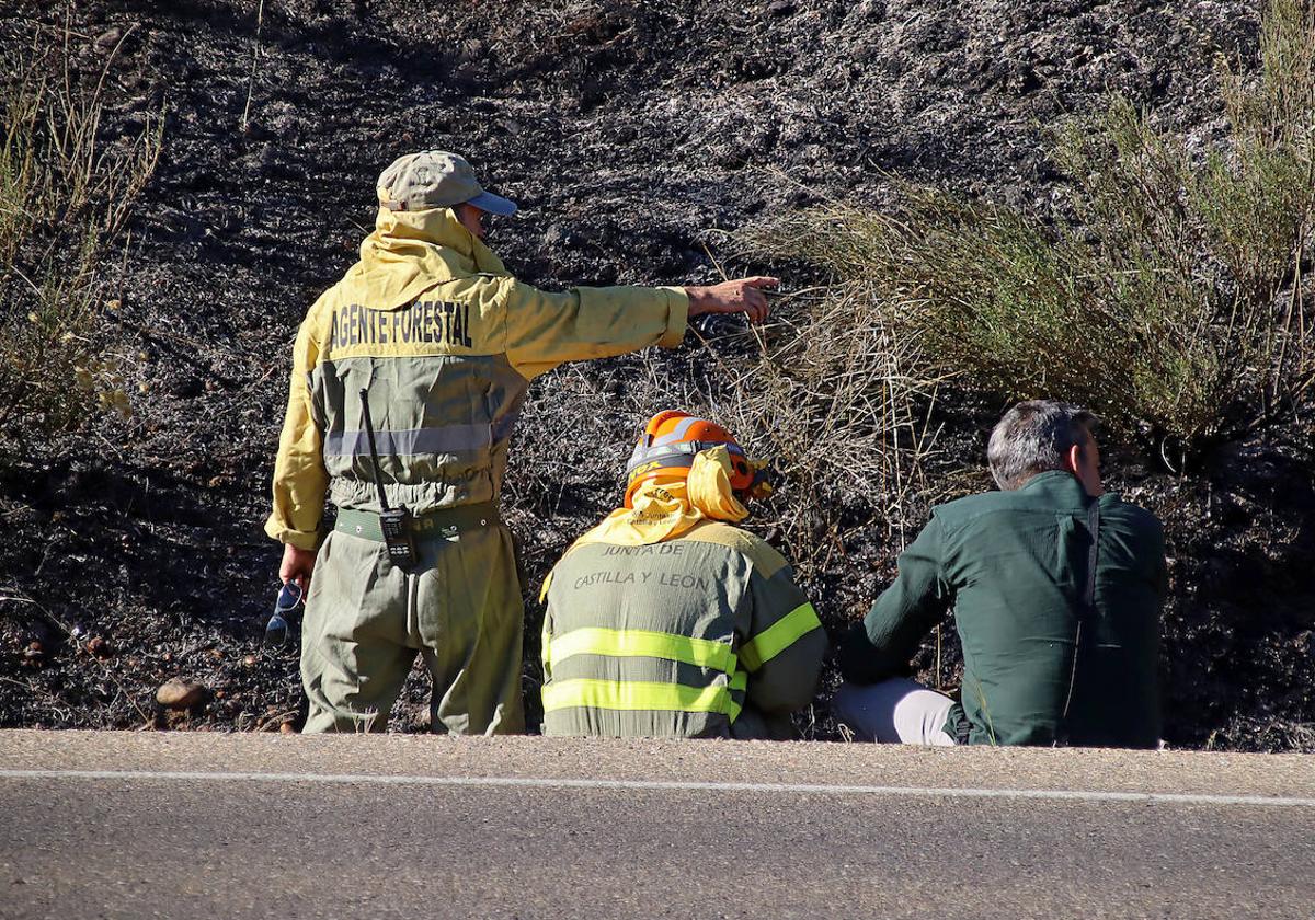 Un agente forestal, junto a otros compañeros, tras extinguir un incendio en León este verano.