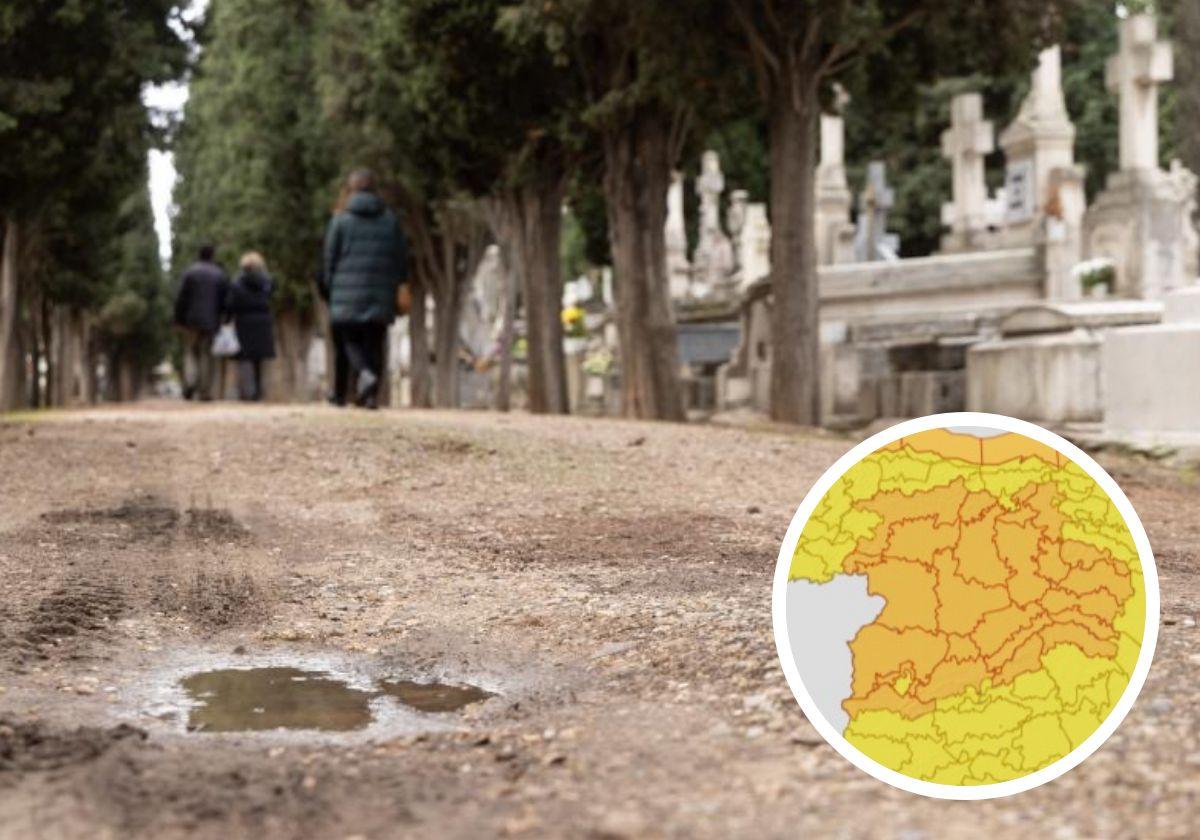 Charcos en el cementerio de El Carmen y mapa de avisos naranjas por viento y lluvias para este jueves en Castilla y León.