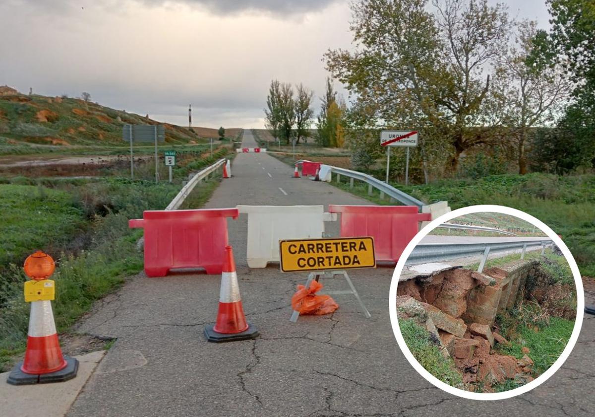 Carretera de acceso a Urones cortada y detalle del desprendimiento en el puente sobre el arroyo del Villarico.