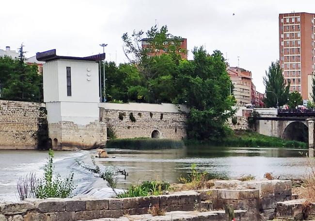 Vista del río Pisuerga, con el basamento del ingenio de Zubiarre y el aliviadero del Canal de Castilla.