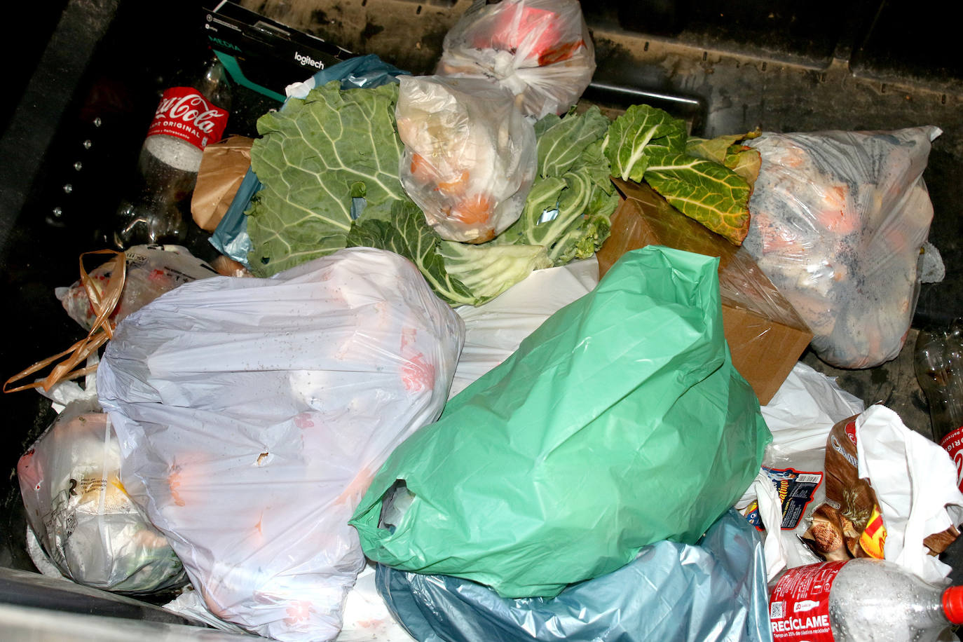 Interior de un contenedor marrón, con plásticos y residuos que no sirven para hacer compost.