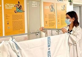 Una trabajadora de la Gerencia de Segovia contempla algunos de los paneles con cuentos de la exposición que acoge el Hospital General.