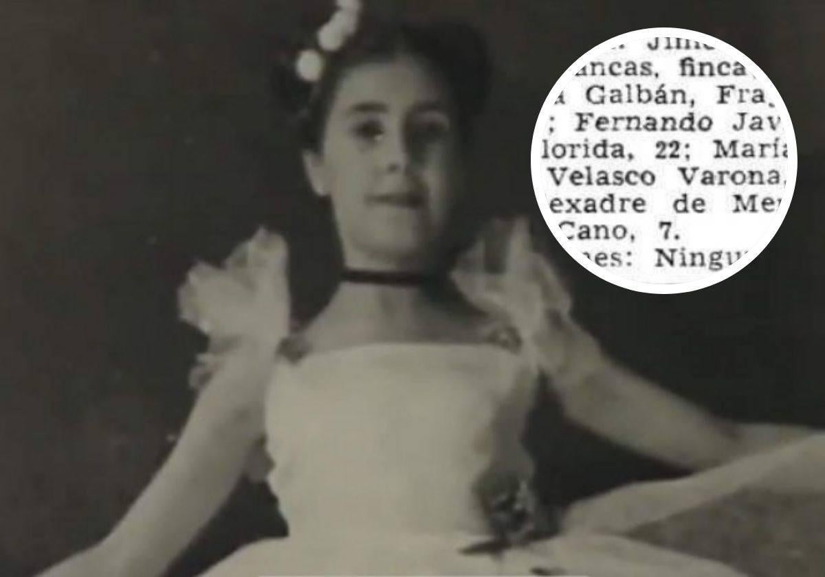 Concha Velasco de niña y recorte del periódico del 2 de diciembre de 1939, con su nombre, Concepción Velasco Varona.