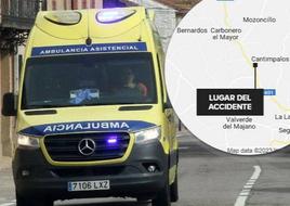 Una ambulancia de soporte vital básico de servicio en la provincia y la localización del accidente laboral en el municipio de Cantimpalos.