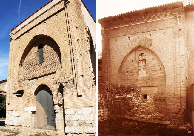 Entrada principal de la torre, presidida por el arco de herradura, en la actualidad. A la derecha, fachada principal de la torre de la Magdalena, antes de su restauración.