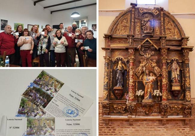 Vecinos de Villafrades mostrando el décimo que juegan este año y uno de los retablos restaurados en estos años con lo recaudado con la lotería
