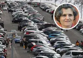 Aparcamiento lleno de coches en el puerto de Navacerrada. En el círculo, la coordinadora de la Federación de Madrid de Ecologistas en Acción, María Ángeles Nieto.