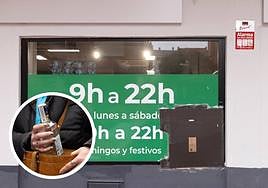 Cristalera rota de un supermercado de La Rondilla tras entrar a robar en noviembre de este año. En el círculo una persona introduce una botella de alcohol en su bolso.