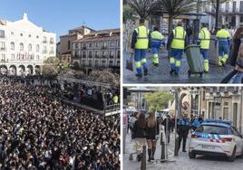 Masiva asistencia a la Tardebuena en la Plaza Mayor de Segovia. Derecha, arriba, operarios de limpieza velan por el recinto, y abajo, Policía Nacional controla el acceso por una calle adyacente.