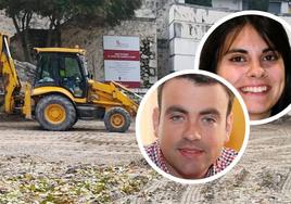 Al fondo, una excavadora en la calle que une la plaza de la Soledad con la Huerta de la Alegría en Cuéllar. En los círculos, el alcalde, Carlos Fraile, y la concejala de Hacienda, Lucía Arranz.