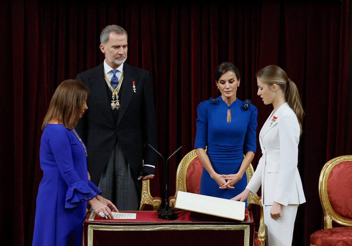 La princesa Leonor jura la Constitución en el Congreso. En el círculo, durante su jura de bandera.