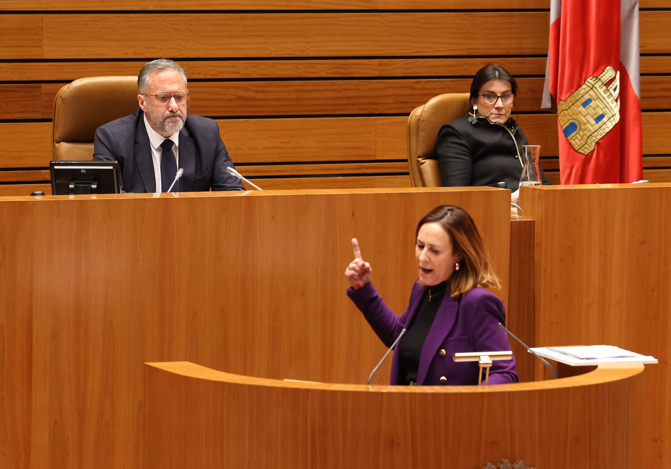 Rosa Rubio (PSOE) se dirige al presidente de las Cortes, Carlos Pollán (Vox). 