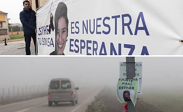 Arriba, el alcalde de Traspinedo coloca la pancarta de Esther López en la puerta del Ayuntamiento. Abajo, carteles en la cuneta en la que apareció el cuerpo de la joven.