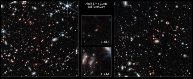 Imagen tomada por el grupo de investigación de Treu con el JWST de algunas de las galaxias más tempranas del universo, que existieron aproximadamente 450 y 350 millones de años después del Big Bang.