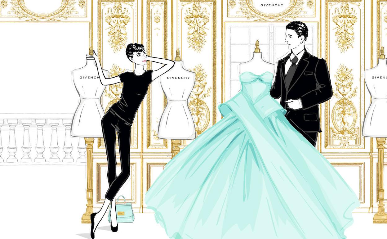 Ilustración de Audrey Hepburn con Hubert de Givenchy. 