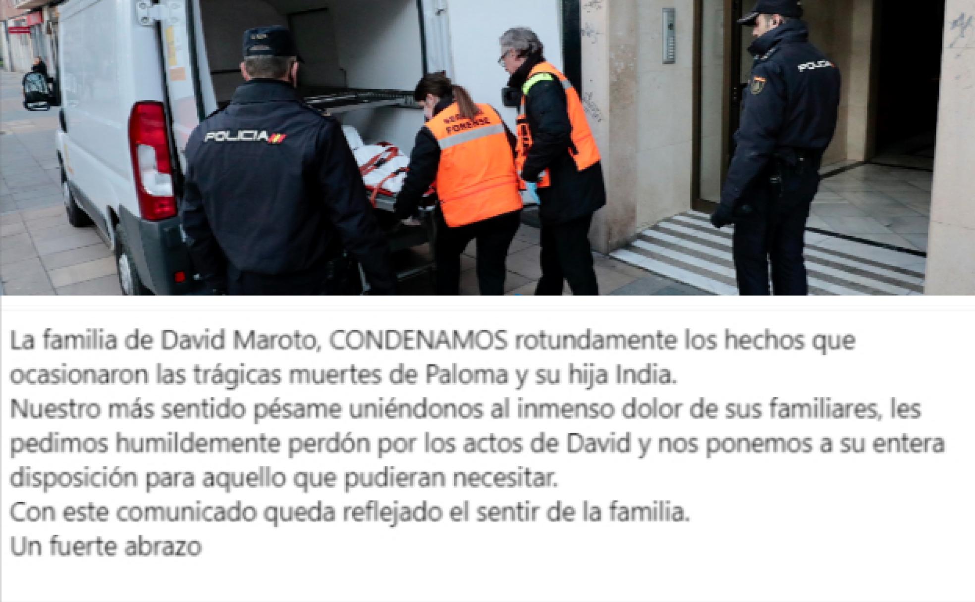 Arriba, levantamiento de uno de los cuerpos por el servicio forense. En detalle, el comunicado de la familia de David Maroto. 