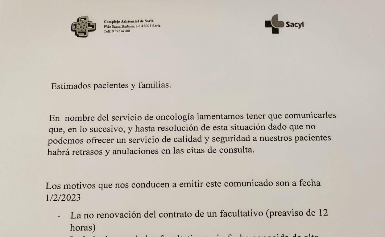 Soria: La no renovación de un médico obliga a anular citas de Oncología