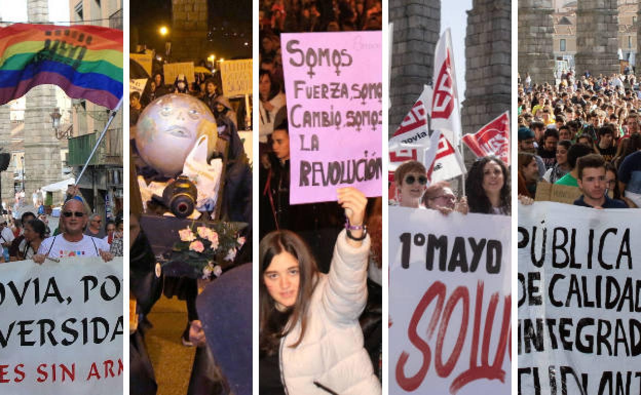 De izquierda a derecha, manifestaciones del orgullo gay, contra el cambio climático, del día de la mujer, del primero de mayo y contra la LOMCE. 