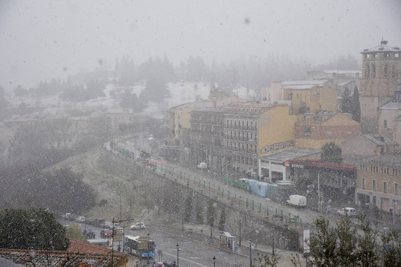 Nevada en Segovia capital en la mañana de este jueves.