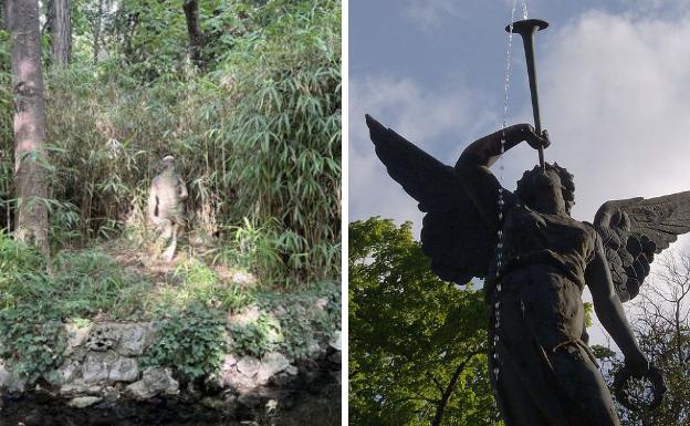 La estatua de Neptuno y unos pavos reales. 