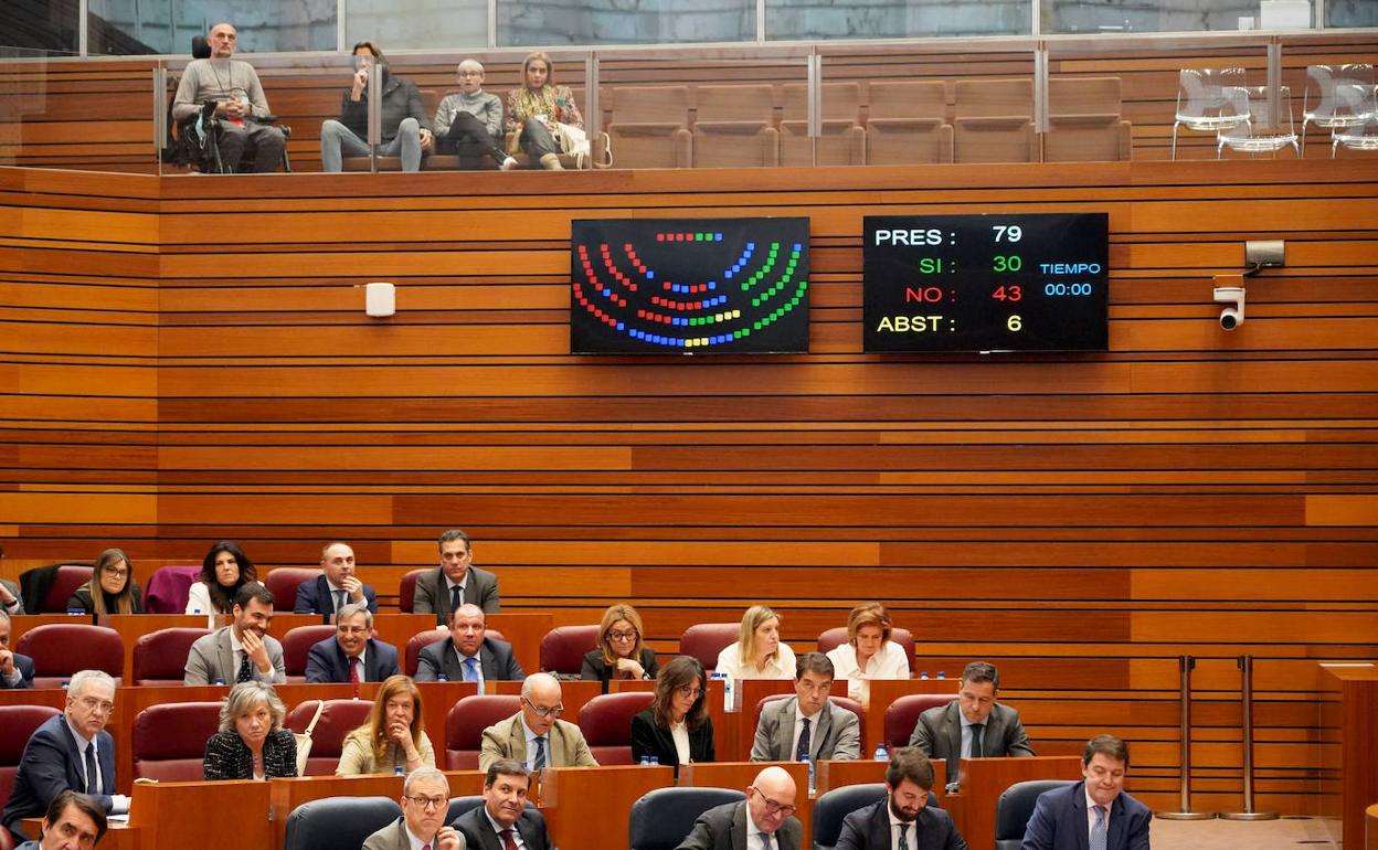 Los enfermos de ELA y sus familiares, en la tribuna de las Cortes, arriba, siguen el debate parlamentario en el último Pleno. 