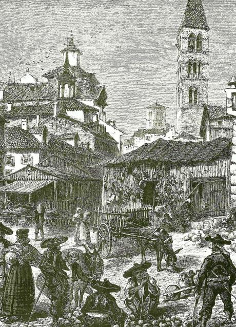 Imagen - Mercado en Portugalete. Dibujo de Harry Fenn Grabado inglés aparecido en 'Europa Pintoresca', en 1876. Obsérvese el ir y venir de mujeres con sus cántaros, y en el ángulo inferior derecho un carretillo de aguador.