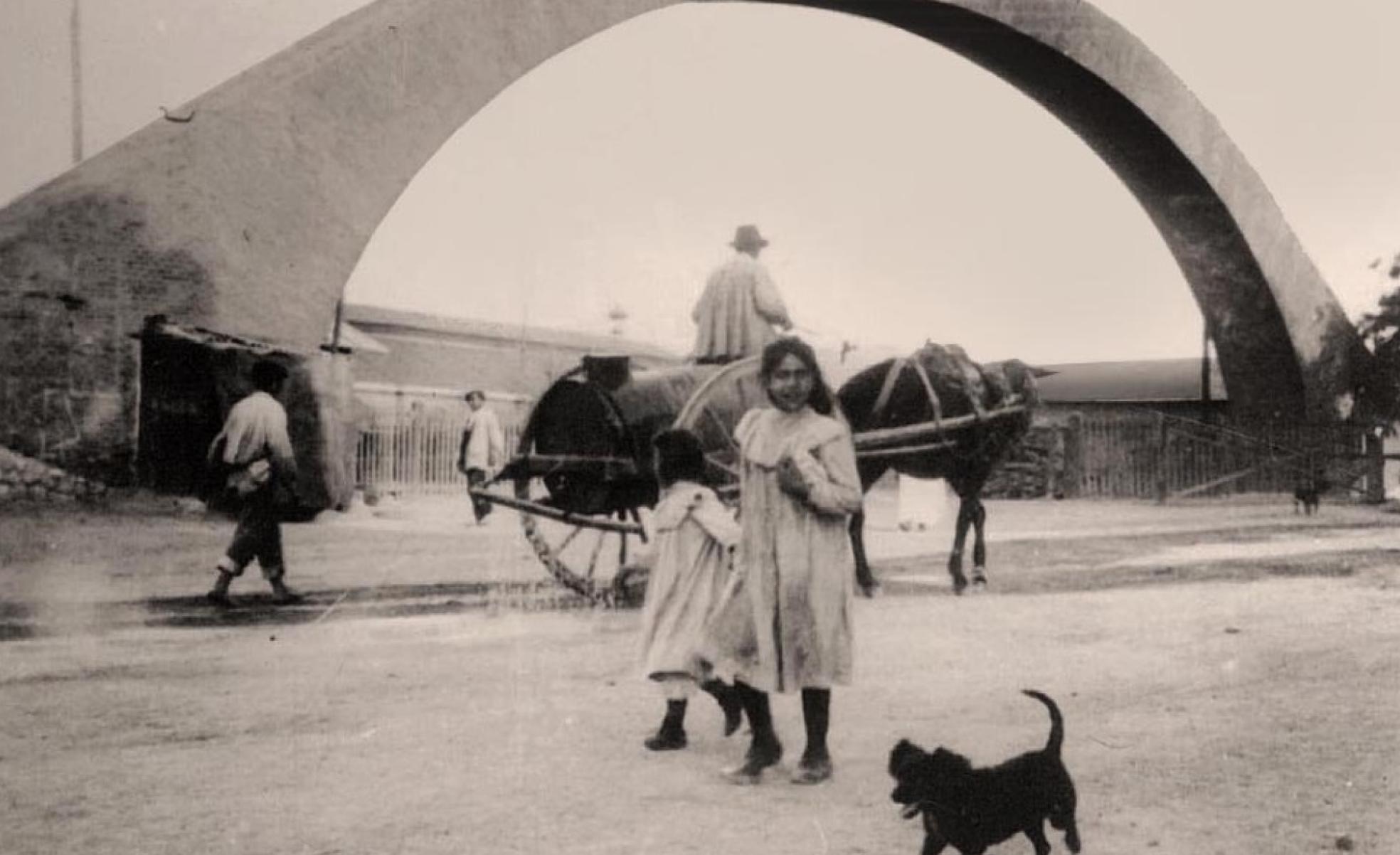 Un aguador con su carro regando la calle en las inmediaciones del Arco de Ladrillo, hacia 1900.