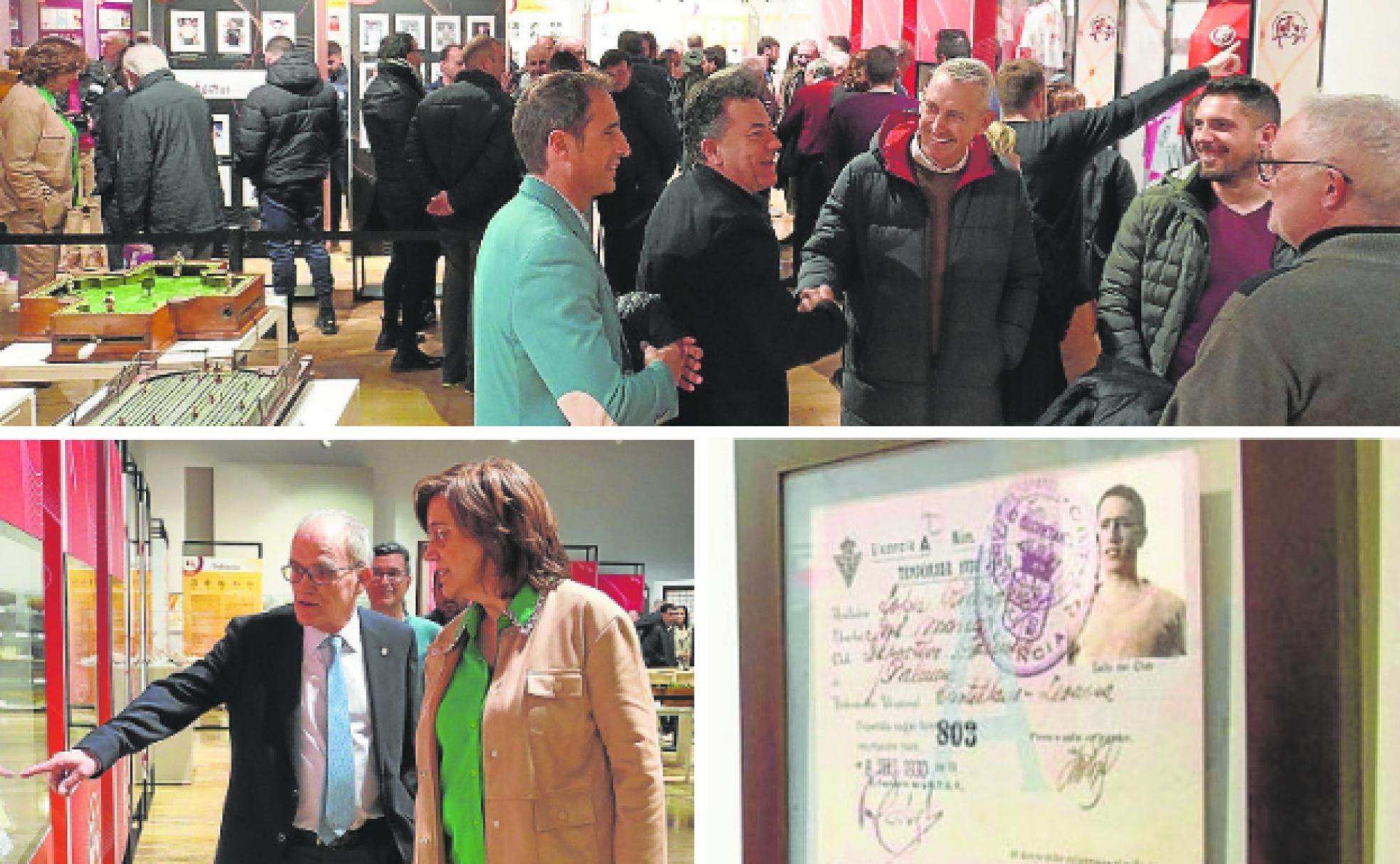 Asistentes a la inauguración en el Centro Cultural Provincial. Abajo, Marcelino Maté con Ángeles Armisén y fficha del jugador Luis López Rodríguez con el primer Club Deportivo Palencia en 1930. 